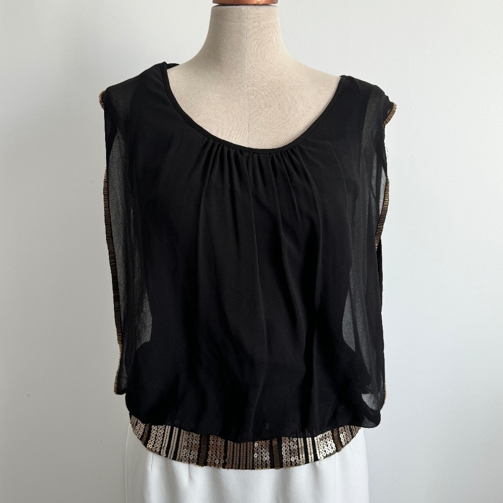 Black Sheer Sleeveless Top with Gold Beaded detailing